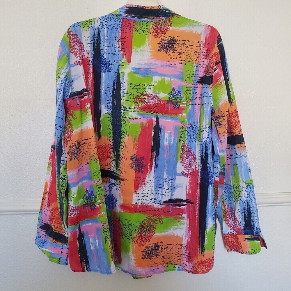 TravelSmith Womens XL Abstract Paisley Script Print Button Up Shirt Multi-Color - Picture 14 of 14